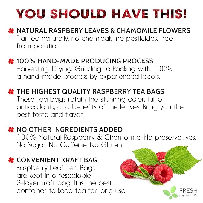 FreshDrinkUS, 75 Bags Premium Raspberry Leaf Teawith Chamomile Flavor, Eases Menstrual Cramps & Supports Healthy Pregnancy, Naturally, Caffeine-Free, Sugar Free, Vegan