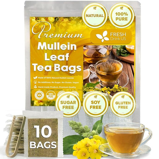 FreshDrinkUS, Premium 10 Mullein Leaf Tea Bags For Lungs, 100% Natural & Pure from Mullein Leaves. Loose Leaf Mullein Herbal Tea. Made with Natural Material Tea Bags. No Sugar, No Caffeine, No Gluten, Vegan.