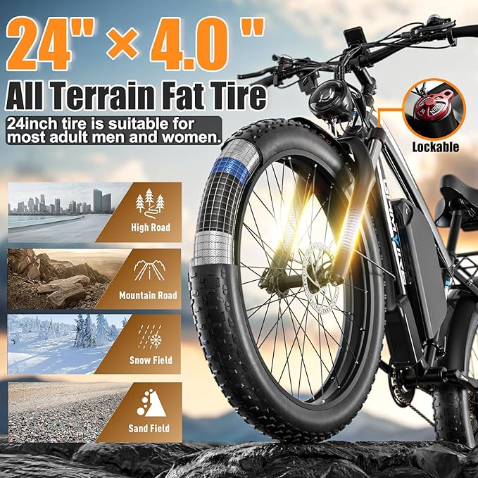 Ebike for Adults Electric, 52V 19.2Ah/32Ah, Peak 2000W/2500W E-Bike, 36/40MPH, 70 Miles/100Miles Long Range, Hydraulic Disc Brake, Off Road Snow Mountain E-Bike, 24"/26" Fat Tire Fast Electric Bicycle