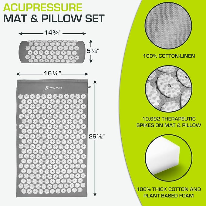 ProsourceFit Acupressure Mat and Pillow Set for Back/Neck Pain Relief and Muscle Relaxation, Large - Gray/Gray