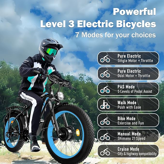 Electric Dirt Bike, 5000W Peak Dual Motor EBike for Adults, 60V 25AH Battery Electric Bike with 40-50MPH Mountain AWD 21-Speed Snow, 26" x 4.0 Fat Tire, Long Range Off-Road