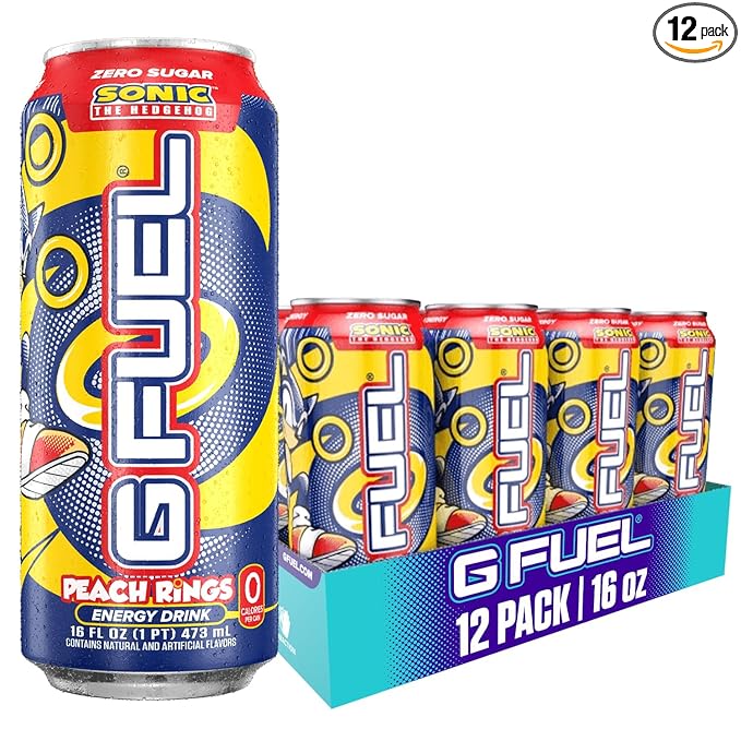 G Fuel Energy Drink, Peach Ring Candy, Sugar Free Beverage with 300mg Caffeine, Daily Energy Boost with Focus Amino, Vitamin + Antioxidants, 16 oz Cans (Sonic, 12-Pack)