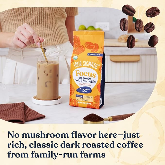 Four Sigmatic Organic Cold Brew Coffee Grounds | Dark Roast, Coarse Grounds with Lion's Mane and Chaga | Cold Brew Mushroom Coffee for Crash-Free Focus | 12 oz Bag