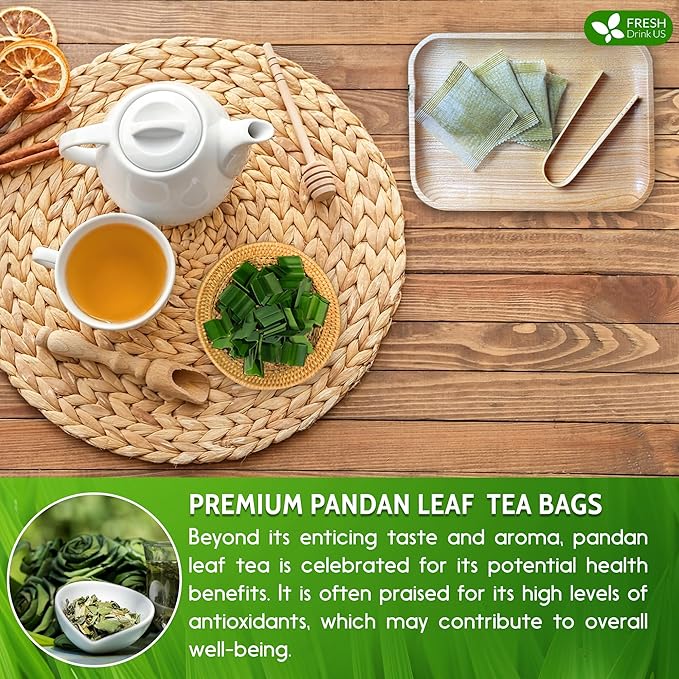 FreshDrinkUS, Premium 30 Pandan Leaf Tea Bags, 100% Natural & Pure from Pandan Leaves. Loose Leaf Pandan Herbal Tea. Made with Natural Material Tea Bags. No Sugar, No Caffeine, No Gluten, Vegan. (30 Tea bags)