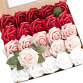 Floroom Artificial Flowers 25pcs Real Looking Dark Red Ombre Colors Foam Fake Roses with Stems for DIY Wedding Bouquets Bridal Shower Centerpieces Floral Arrangements Party Tables Home Decorations