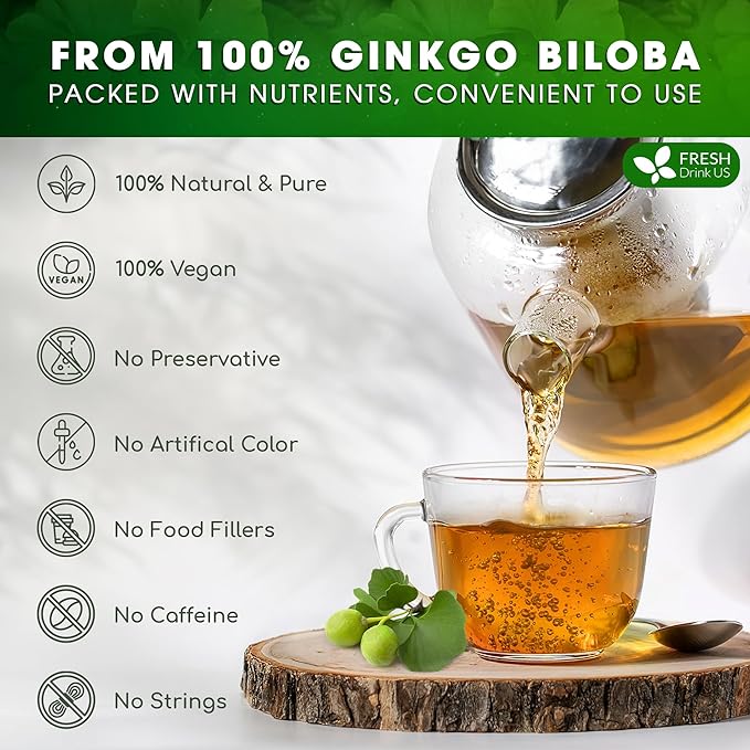 FreshDrinkUS, Premium 55 Ginkgo Biloba Leaf Tea Bags, 100% Natural & Pure from Ginkgo Biloba Leaves. Loose Leaf Herbal Tea. Made with Eco-Conscious Tea Bags. No Sugar, No Caffeine, No Gluten, Vegan.