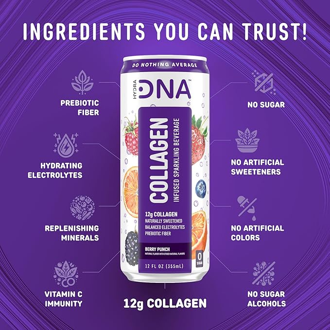HYDRADNA- Sparkling Liquid Collagen Protein Water Drink Balanced Nutrients for Wellness - Sugar-Free - Keto-Friendly - No Gluten (12 Pack) Berry Punch