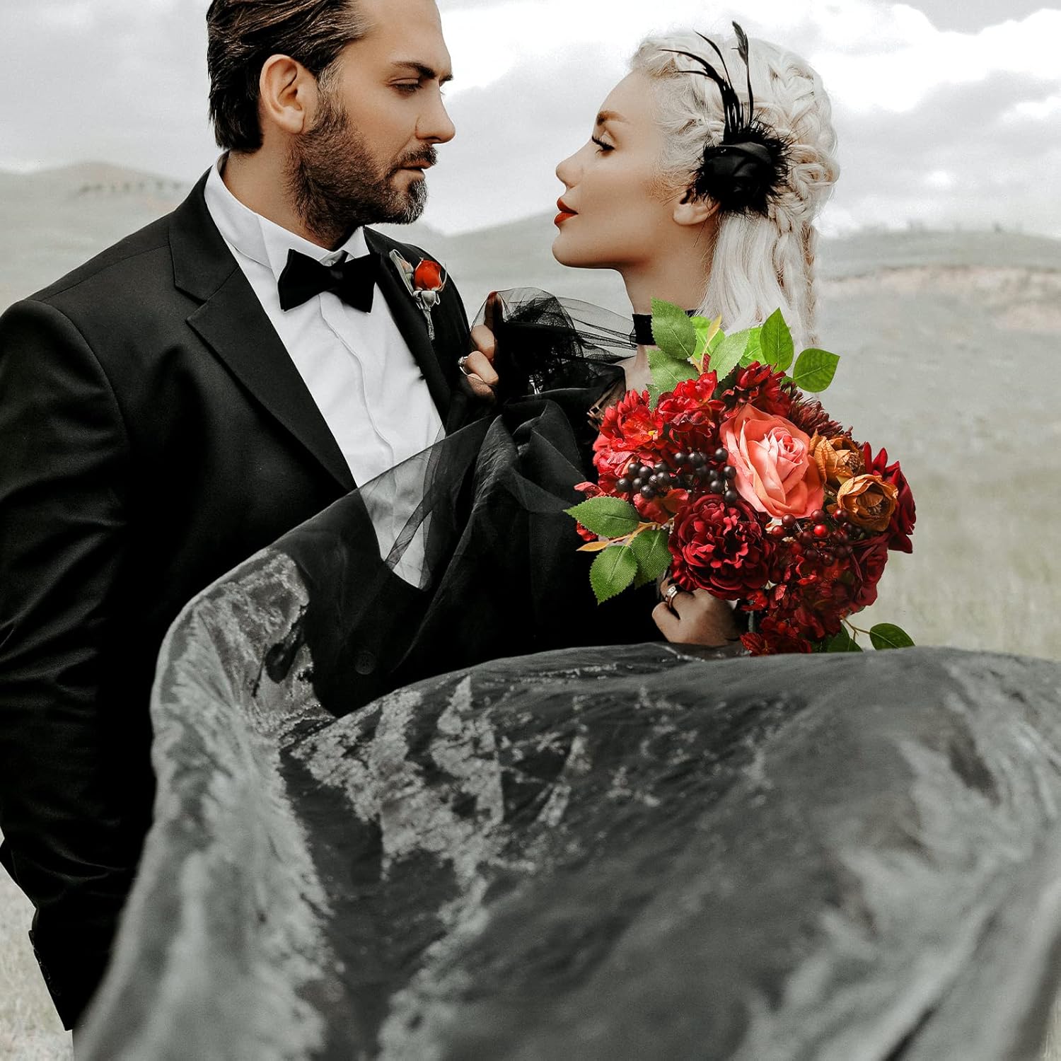 Artificial Flowers Combo Box Set Burgundy Silk Flowers for DIY Wedding Bouquet Arrangements Bridal Shower Party Home Decorations (Mature Burgundy)