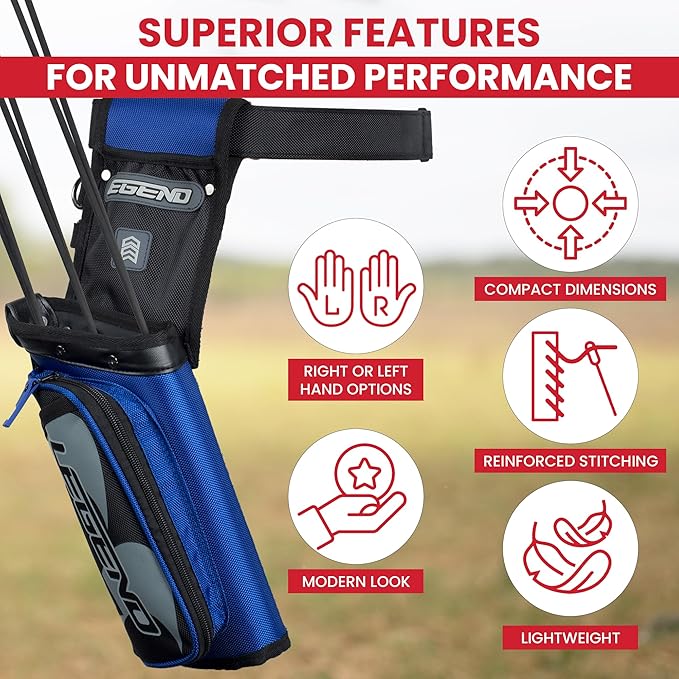 Legend XT420 Field Quiver - Left or Right-Handed Quiver Arrow Holder, Archery Quiver with 3 Arrow Tube, Durable Nylon Hip Quivers with Multiple Pockets for Archery Accessories, Score Card & Tools