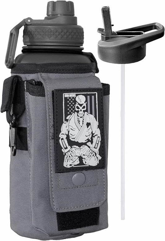 Iron Infidel Battle Bottle - 32 Oz Insulated Water Bottle with Straw Lid & Chug Cap, Stainless Steel Metal Flask Includes Rugged, Removable Sleeve for Keys, Wallet, & Phone (Earned, Not Given 1 Liter)