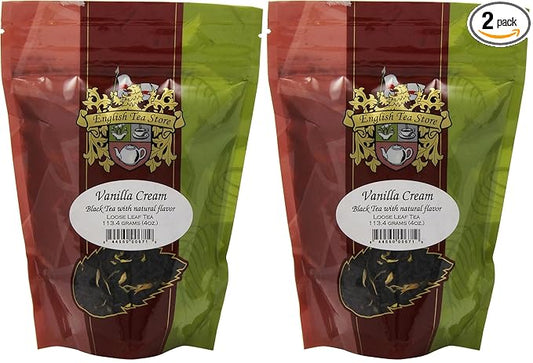 English Tea Store Loose Leaf, Vanilla Cream Natrually Flavored Black Tea Pouches, 4 Ounce (Pack of 2)