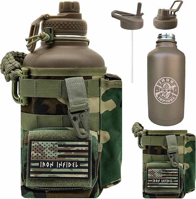 Iron Infidel Battle Bottle - Half Gallon Water Bottle Insulated, 64 oz Stainless Steel Water Jug with Handle- Gym Water Bottle for Men with Rugged Sleeve for Storage (Woodland 2 Liter)