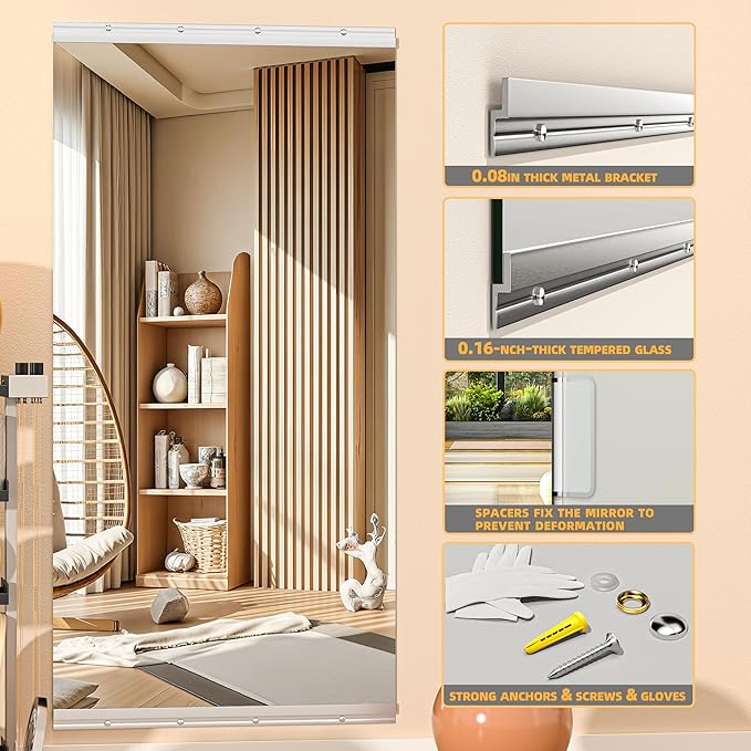 Hasipu Home Gym Mirror, 52"x17" x 3 PCS Frameless Wall Mounted Mirrors, Large Body Mirror for Home Gym, Yoga Studio, Bedroom, Silver Tempered Glass