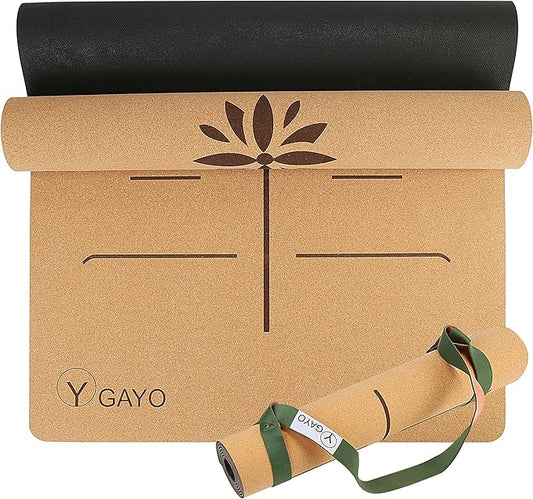 Premium Yoga Cork Mat | 5mm Thick Natural Tree Rubber Base and Bigger Mat for Extra Support, Alignment lines for Guidance | Non-Slip, Natural & Eco-friendly, Your Ultimate Eco-Friendly Yoga Companion