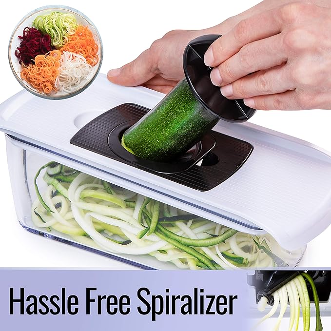 Fullstar Mandoline Slicer for Kitchen, Fruit Cutter, Cheese Grater, Cucumber Slicer, Veggie Spiralizer, Food Cutter & Kitchen Gadgets with Safety Glove (6 in 1, White)