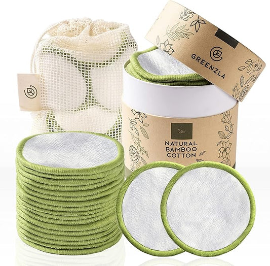 Greenzla Reusable Makeup Remover Pads (20 Pack) Washable Laundry Bag & Round Box for Storage, Reusable Bamboo Cotton Rounds for All Skin Types - Reusable Cotton Rounds for Face - Reusable Cotton Pads