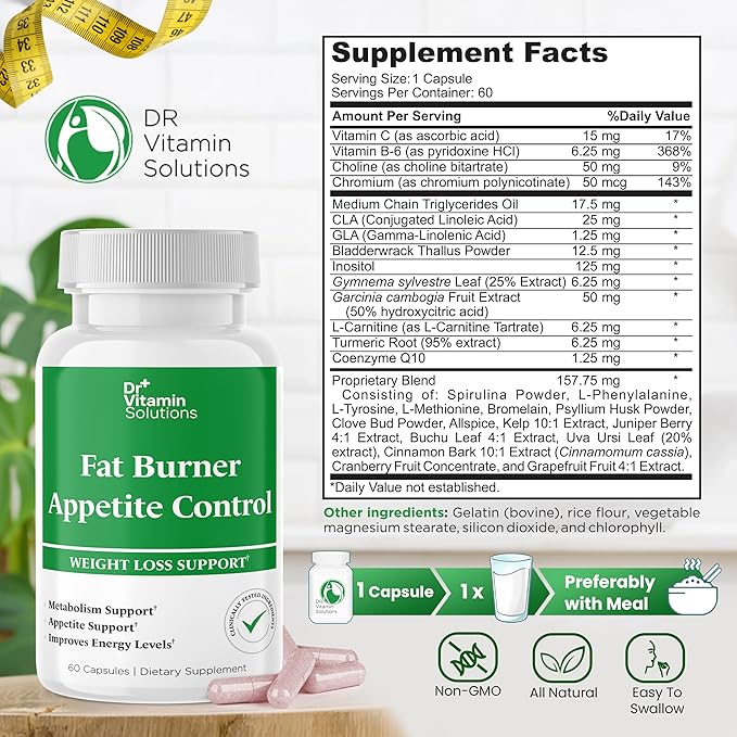 DR VITAMIN SOLUTIONS Fat Burner & Appetite Control Weight Loss Supplements for Women & Men - Metabolism Booster w/L-Carnitine, CLA, Chromium - Appetite Suppressant for Weight Loss - 60 Capsules