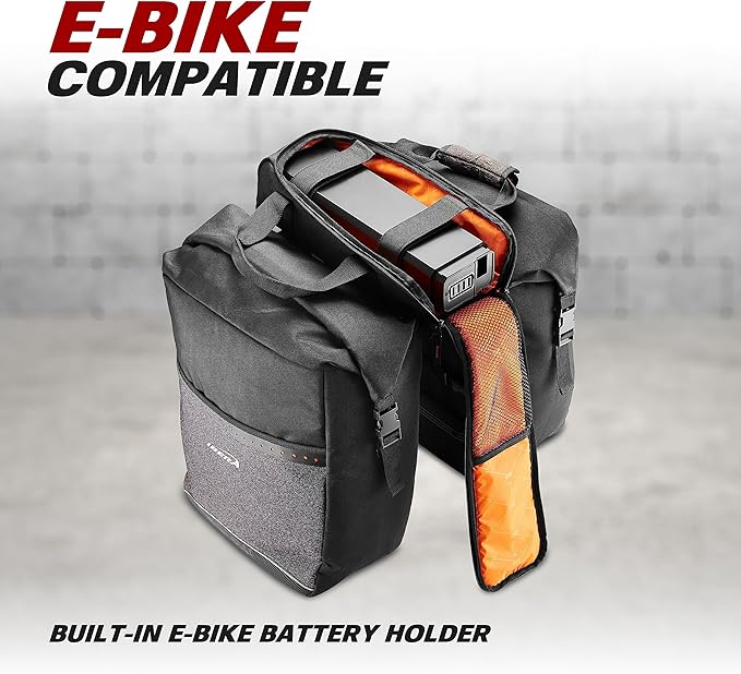 Ibera Bike Bag MIK Panniers 52.7L for Ebikes - Clip-On bike Bags For Bicycles with Built-in Battery Holder & Rain Cover - Water-Resistant Bike Rack Bag with Reflective Trim - ONLY FOR MIK RACKS