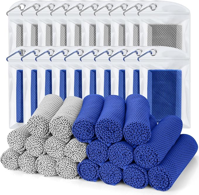 Biange Cooling Towel (Pack of 20, 40"x12") with Pouches for Sports, Workout, Fitness, Gym, Yoga, Golf, Pilates, Travel, Camping & More