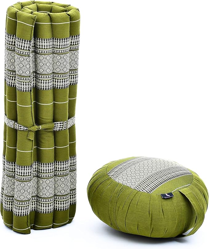 Leewadee Meditation Cushion Set – 1 Round Zafu Meditation Pillow and 1 Square Roll-Up Zabuton Meditation Mat, Pillows Bundle Filled with Kapok