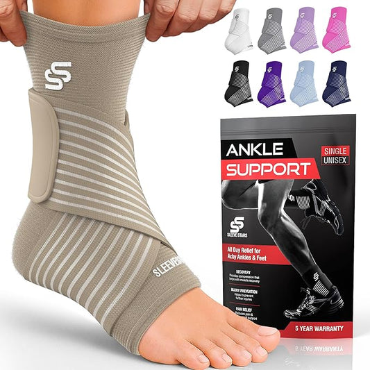 Sleeve Stars Ankle Brace for Women & Men, Ankle Wrap for Sprained Ankle, Compression Sleeve for Plantar Fasciitis Relief, Easy Customizable Support: w/Removable Strap (Single/L:12"-13"/Beige)