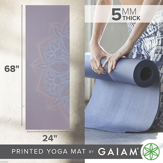 Gaiam Yoga Mat - Premium 5mm Print Thick Non Slip Exercise & Fitness Mat for All Types of Yoga, Pilates & Floor Workouts (68" x 24" x 5mm)