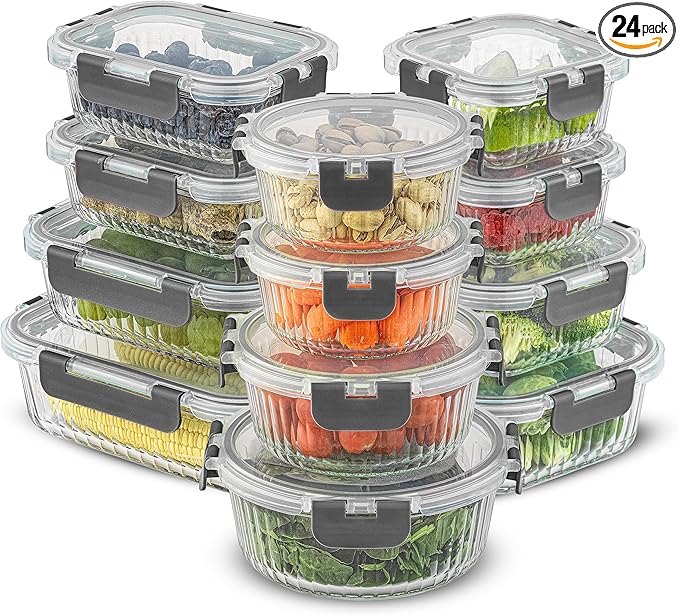 JoyJolt 24pc Borosilicate Glass Storage Containers with Lids | 12 Airtight/Freezer Safe Food Storage Containers for Pantry and Kitchen | Meal Prep Container for Lunch | Glass Tupperware Set