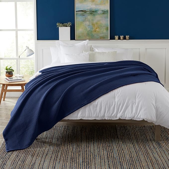 100% Cotton Waffle Weave Bed Blanket | Soft, Breathable, and Lightweight Blanket for All-Season | Perfect for Layering | Brielle Collection (King, Navy)