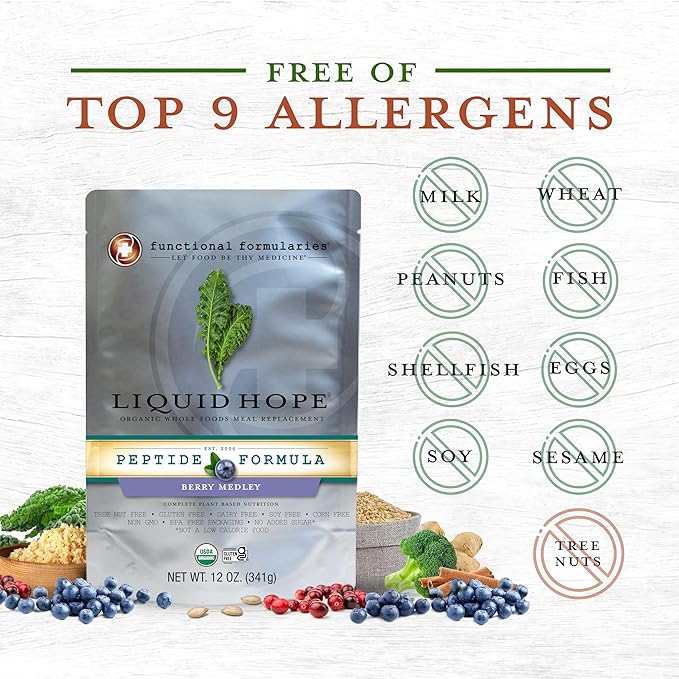 Functional Formularies Liquid Hope Peptide Berry Medley, Organic Tube Feeding Formula And Nutritional Meal Replacement Supplement, 12 Fl. Oz. Pouch, Pack of 24, Total: 288.0 Fl Oz