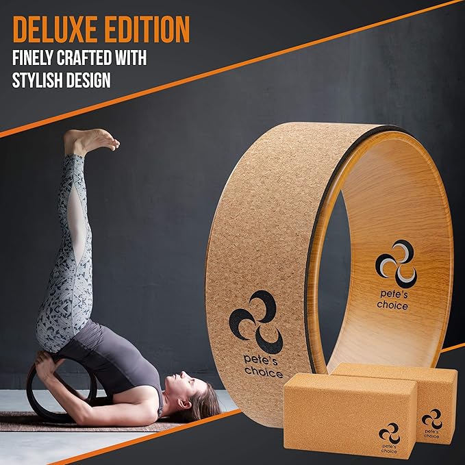 Deluxe Cork Yoga Wheel Set - Cork Wheel + 2 Blocks + Strap + Exercise Guide. Extra Firm Bricks. Better Support, Natural and Eco-Friendly. Home Exercise Kit. Ideal for Women Yogis.