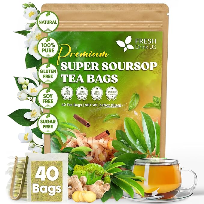 FreshDrinkUS, Super Soursop Herbal Tea – 40 Tea Bags | Soursop, Ginger, Turmeric, Lemongrass, Cinnamon, Black Pepper & Peppermint | Caffeine-Free, Natural Flavor, Plant-Based Blend | Sugar-Free