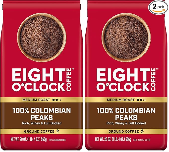 Eight O'Clock Coffee 100% Arabica Colombian Peaks, Medium Roast, Ground Coffee, Kosher Certified, 20 Oz (Pack of 2)