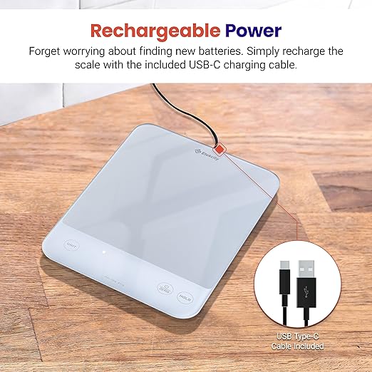 Etekcity Food Kitchen Scale, 22lb Digital Weight Scale Grams and Ounces Rechargeable Waterproof Tool for Weight Loss, Cooking, Baking, Meat, Bread, Large 0.05oz/1g Accuracy