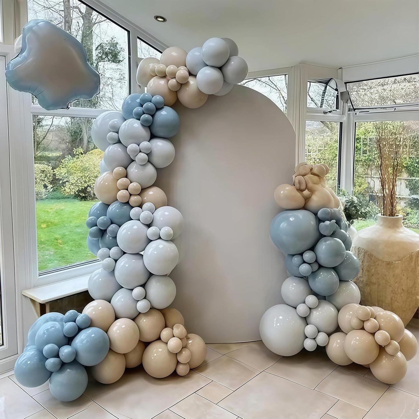 Dusty Blue Balloon Arch Kit 139Pcs Slate Blue Grey Balloons Garland Neutral Boho Retro Fog Gray Apricot Beige Cream White Sand Brown Birthday Party Balloons for Boys Bear Cloud Baby Shower Decorations