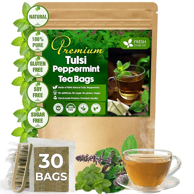 FreshDrinkUS, Premium Tulsi Peppermint Herbal – 30 Tea Bags, 100% Natural, Blend of Tulsi Holy Basil Leaves, and Peppermint Leaves. Made with Natural Material Tea Bags. No Sugar, Vegan.