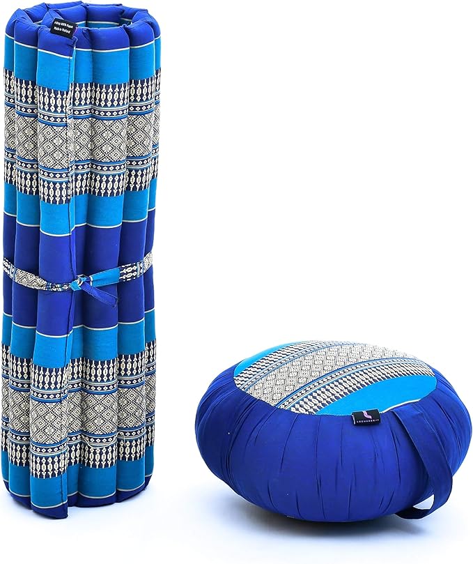 Leewadee Meditation Cushion Set – 1 Round Zafu Meditation Pillow and 1 Square Roll-Up Zabuton Meditation Mat, Pillows Bundle Filled with Kapok