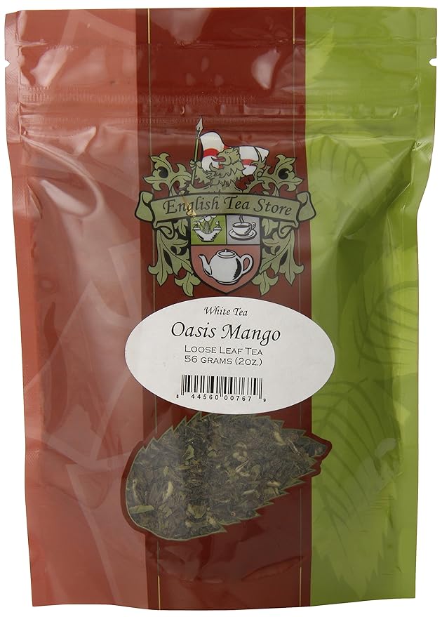 English Tea Store Oasis Mango White Tea - 2oz | Tropical Loose Leaf White tea with Natural Mango Flavor | Light and Fruity Blend for Iced or Hot Tea | Premium Refreshing White Tea Pouch