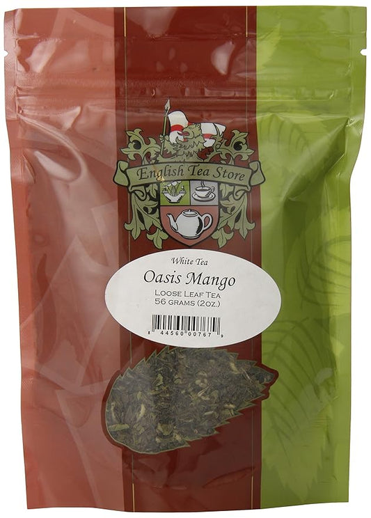 English Tea Store Oasis Mango White Tea - 2oz | Tropical Loose Leaf White tea with Natural Mango Flavor | Light and Fruity Blend for Iced or Hot Tea | Premium Refreshing White Tea Pouch