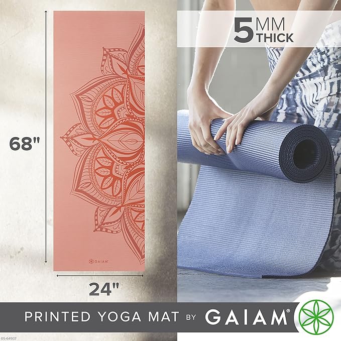 Gaiam Yoga Mat - Premium 5mm Print Thick Non Slip Exercise & Fitness Mat for All Types of Yoga, Pilates & Floor Workouts (68" x 24" x 5mm)