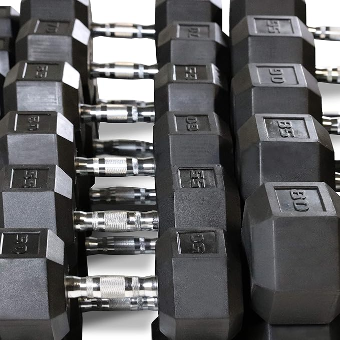 WF Athletic Supply Rubber Coated Hex Dumbbell Set, Multiple Choices Available - Dumbbells with Rack Stand and Mat, or Dumbbells Only (200/550/1200/2100/3000 LB)