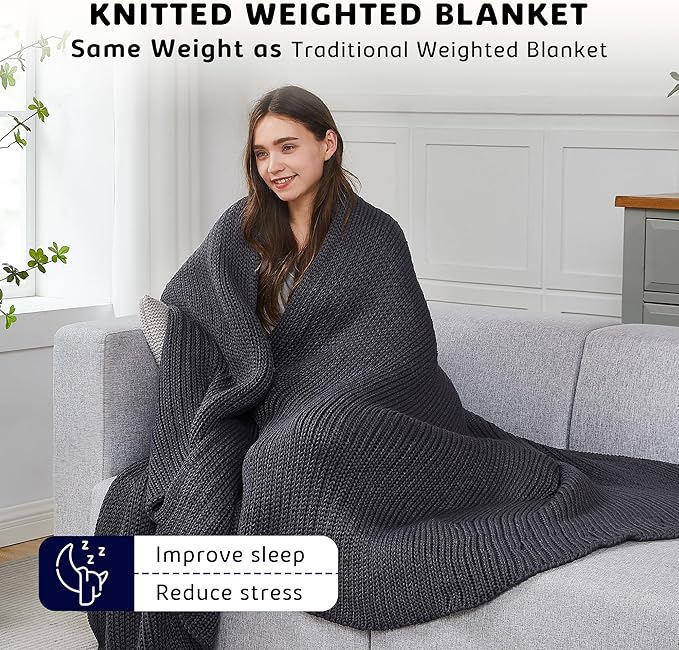 L'AGRATY Knitted Weighted Blanket - 50"x60" 10lbs Cooling Chunky Knit Heavy Blanket for Adults Braided Crochet Throw Thick Cable Yarn Knit Decorative No Beads Evenly Weighted Machine Washable