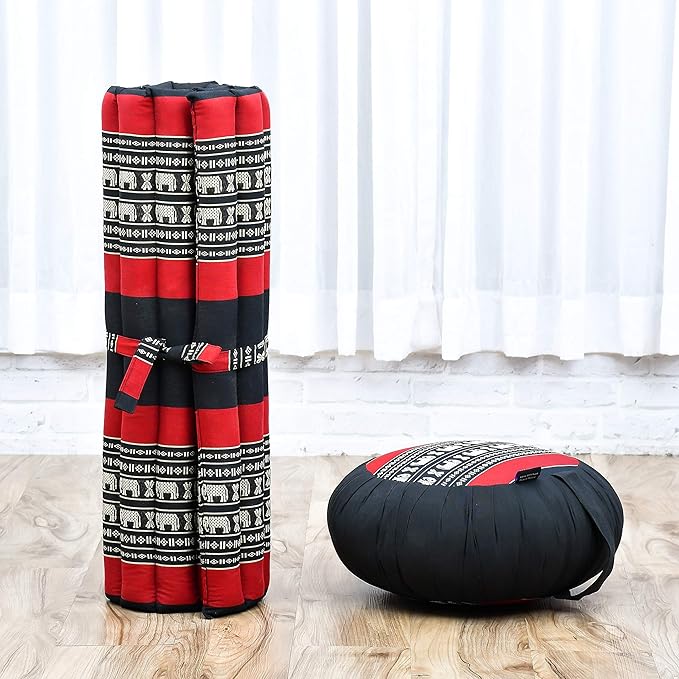 Leewadee Meditation Cushion Set – 1 Round Zafu Meditation Pillow and 1 Square Roll-Up Zabuton Meditation Mat, Pillows Bundle Filled with Kapok