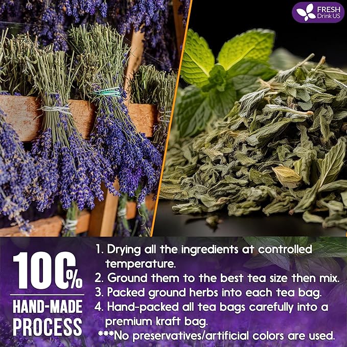 FreshDrinkUS, Premium 55 Tea Bags Lavender Mint Tea, 100% Natural, Blend of Lavender, Peppermint, Sage and Licorice. Made with Natural Material Tea Bags. No Sugar, No Caffeine, Vegan.