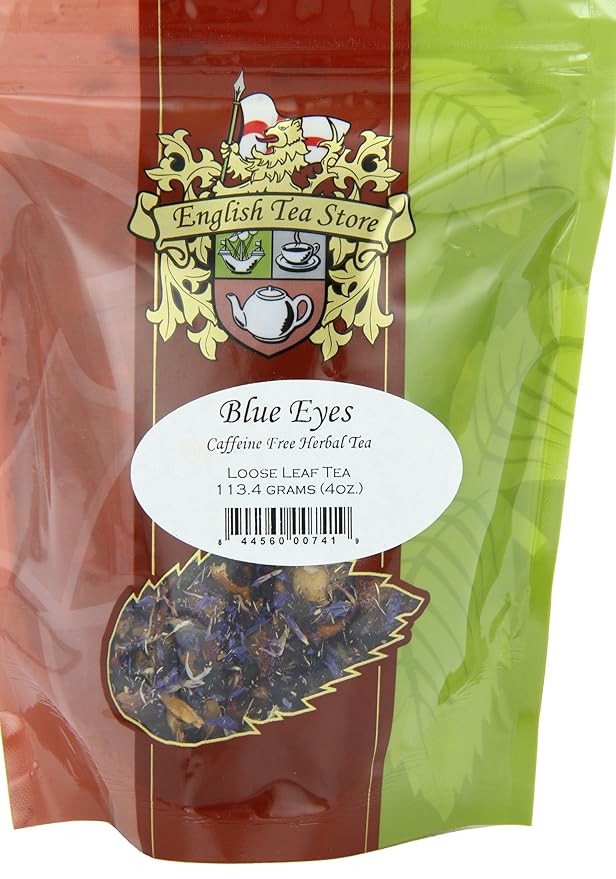English Tea Store Blue Eyes Herbal Tea Pouches - 4oz | Loose Leaf Fruit Tea Blend with Caramel Cornflower Petals | Refreshing Caffeine Free Summer Cooler or Winter Reminder