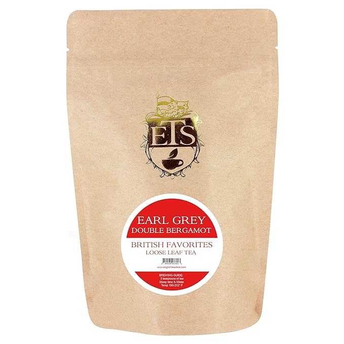 Double Bergamot Earl Grey Tea - 4oz | Loose Leaf Tea Pouches | English Tea Store Blend | Strong Citrus Flavor with Indian & Ceylon Black Tea | Hot or Iced Tea Brewing