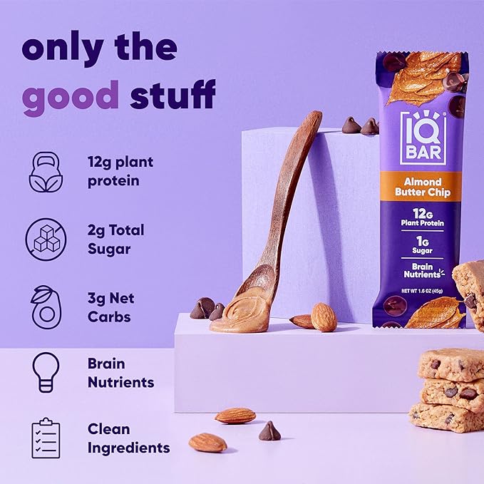 IQBAR Brain and Body Plant Protein Bars - Almond Butter Chip - 36-Count Low Carb - Gluten Free, High Fiber, Vegan Snacks - Low Sugar Meal Replacement