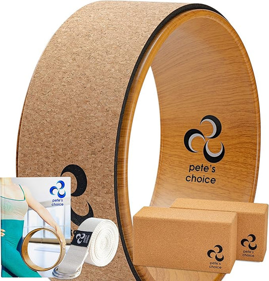 Deluxe Cork Yoga Wheel Set - Cork Wheel + 2 Blocks + Strap + Exercise Guide. Extra Firm Bricks. Better Support, Natural and Eco-Friendly. Home Exercise Kit. Ideal for Women Yogis.