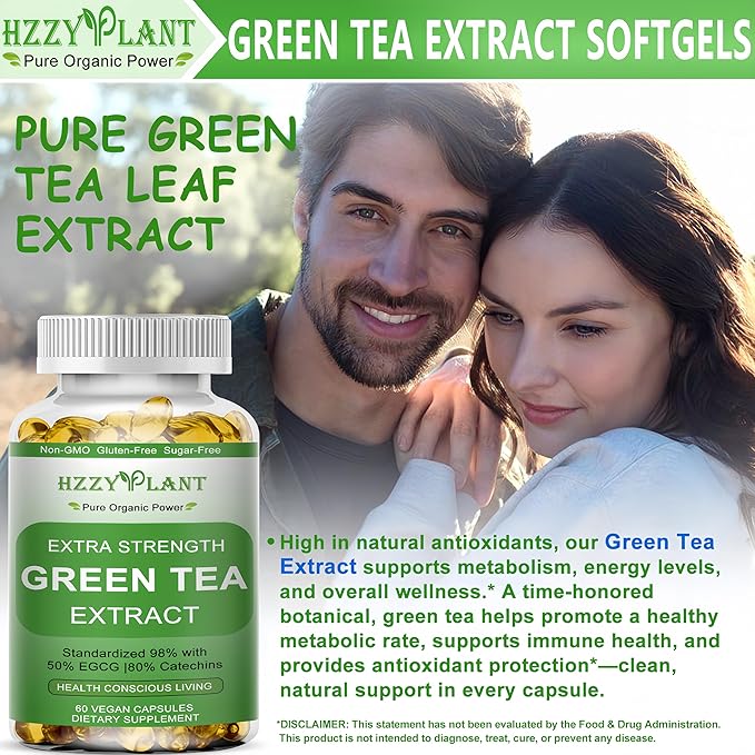 Green Tea Extract Softgels, High Absorption Green Tea Softgel Capsules for Energy Metabolism Antioxidant Immune Skin Heart Support, Herbal Supplement 50% EGCG for Men & Women,Non-GMO,2 Month Supply