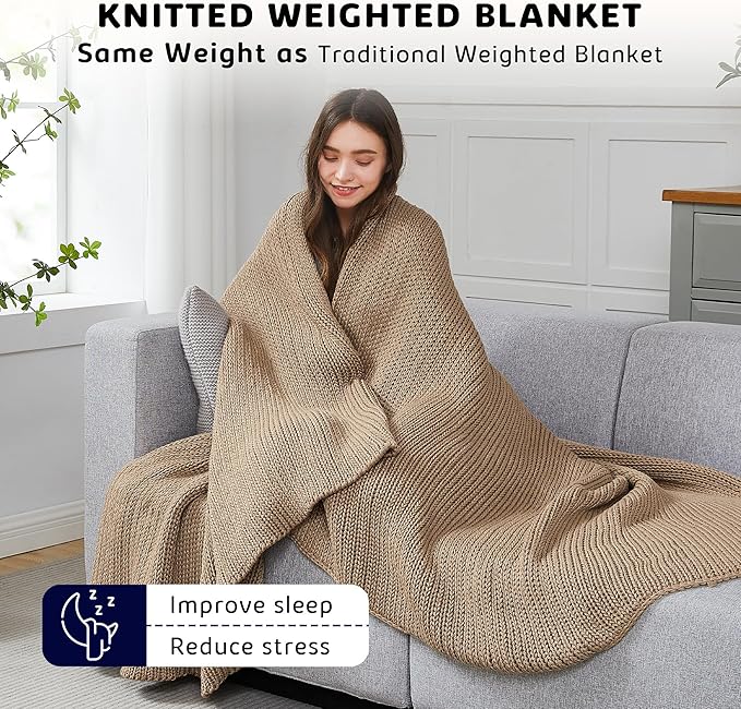 L'AGRATY Knitted Weighted Blanket - 60"x80" 15lbs Cooling Chunky Knit Heavy Blanket for Adults Braided Crochet Throw Thick Cable Yarn Knit Decorative No Beads Evenly Weighted Machine Washable