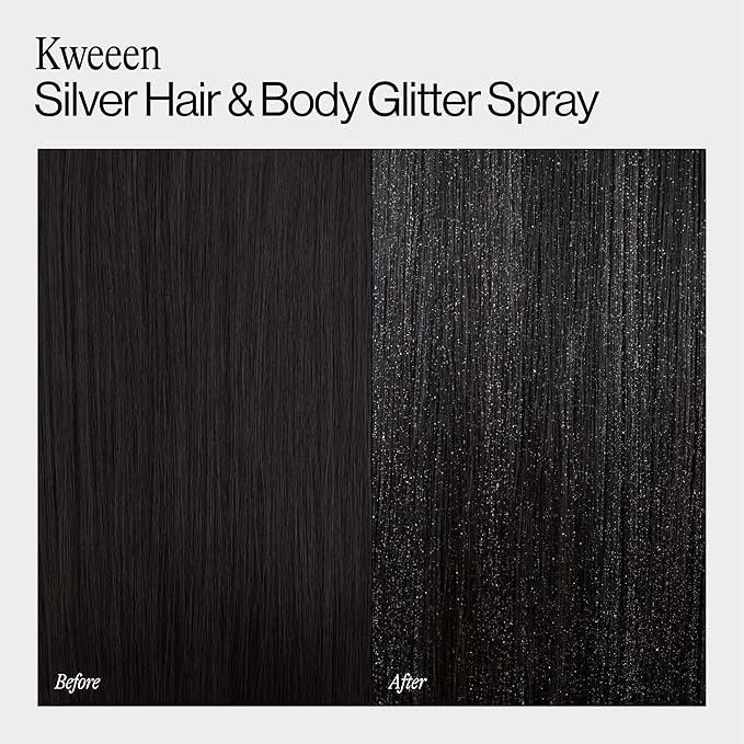 Eva NYC Kweeen Silver Hair and Body Glitter Spray - Our Original Ultra Shimmery Glitter, New Look - Adds Shine + Non-Sticky - Quick Drying Sparkle Spray - Warm Vanilla Scent - 4.9 oz